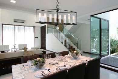 Example of a huge trendy ceramic tile great room design in New York with white walls