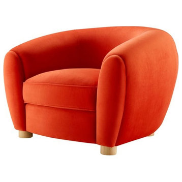 Contemporary Accent Chair, Elegant Golden Legs and Curved Soft Velvet Seat, Orange