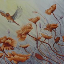 "Launched" Poppy and Bird Painting - Mixed Media Art
