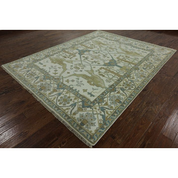 Oriental Ivory Fish Design Hand-Knotted Oushak Area Rug, 7'10"x9'11"