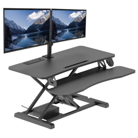 Rocelco 37.4" Electric Standing Desk Converter with Dual Monitor Mount Arm Black