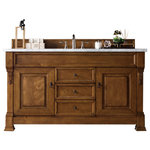 James Martin Vanities - Brookfield 60" Single Vanity, Country Oak w/ 3 CM Arctic Fall Solid Surface Top - The Brookfield 60" Country Oak single vanity by James Martin Vanities features hand carved accenting filigrees and raised panel doors. Two doors on either side, open to shelves for storage below. Three center drawers, made up of a lower double-height drawer and both middle and top short-length standard drawers, offer additional storage space. Antique brass finish door and drawer pulls. Matching wood backsplash is included. The look is completed with a 3cm eased edge Arctic Fall Solid Surface top with a white porcelain rectangular sink.