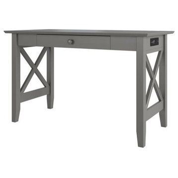 Modern Desk, X-Accented Sides With Large Storage Drawer & Charging Station, Gray