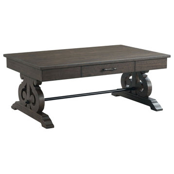 Classic Coffee Table, Unique Carved Trestle Legs & Storage Drawer, Dark Walnut
