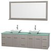 Centra 80" Gray Oak Double Vanity, Glass Top, Pyra White Porcelain, 70" Mirror