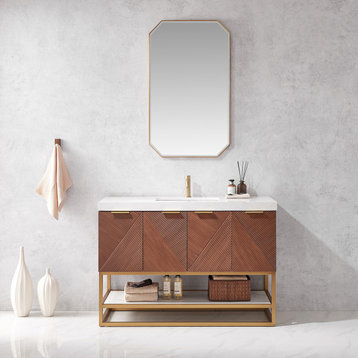 Mahon Bath Vanity, Stone Top, Brushed Gold Base, 48", Single Vanity, With Mirror
