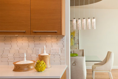 Example of a classic light wood floor dining room design in Miami with white walls