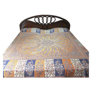 Mogul Interior - Pashmina Indian Bedding Saffron Indigo Medallion Bedspreads Blanket Throw - Throws