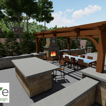 Outdoor kitchen with pergola, fireplace, and BBQ