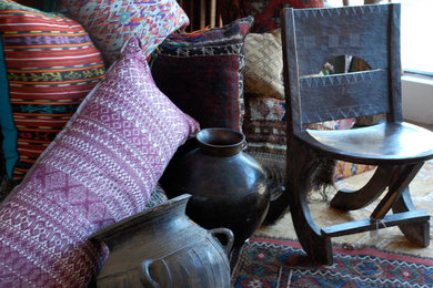ethnic pillows, wood and pottery