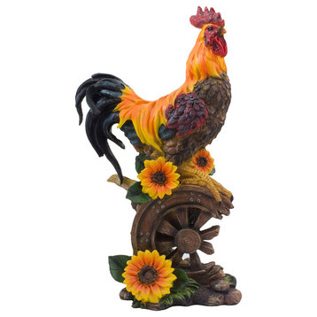 Country Farm Rooster on Old-Fashioned Wagon Wheel Statue