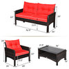 Costway 4PCS Patio Rattan Furniture Set Loveseat Sofa Coffee Table Red Cushions