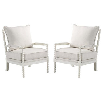 Home Square 2 Piece Fabric Spindle Chair Set with White Frame in Beige