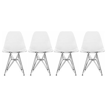 Modern Plastic Clear Seat Eiffel Dining Chair Wood Or Chrome Legs, Set of 4, Wire Leg