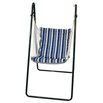Swing Chair and Stand Combination, Tropical Palm Stripe Blue, Black Frame