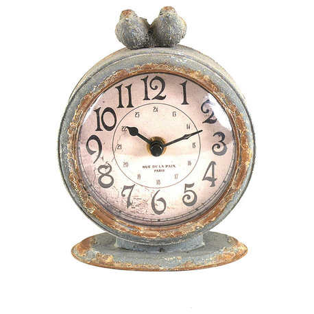 Vintage Pewter Mantel Clock With Birds, Distressed Cream, Gray