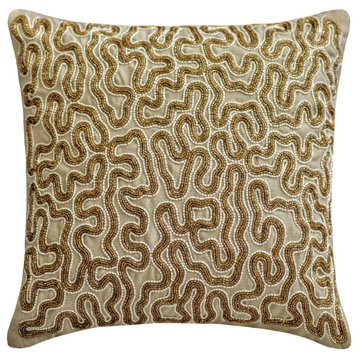 Gold Linen Beaded & Abstract 18"x18" Throw Pillow Cover - Glisten and Gold