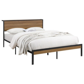 Pemberly Row Metal Frame Queen Platform Bed in Light Oak and Black
