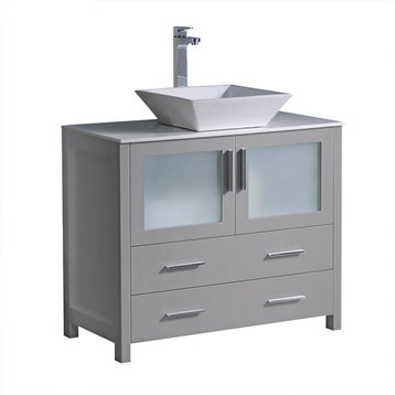 Torino Modern Bathroom Cabinet With Top and Vessel Sink, Gray, 36"