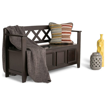 Transitional Storage Bench, Pine Wood Frame With X-Shaped Back, Dark Brown