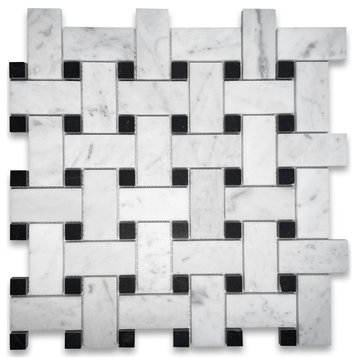 Carrara White Marble Wide Basketweave Mosaic Tile Black dots Honed, 1 sheet