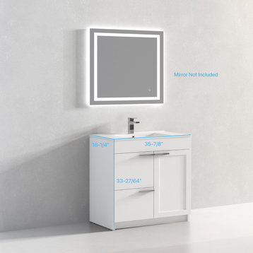 Freestanding Bathroom Vanity With Top Mount Sink, White, 36'' Ceramic Sink