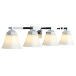 JONATHAN Y - Staunton 1-Light Iron/Glass Modern Cottage LED Vanity Light, Chrome, 4-Light - The squared lines of this 4-light vanity fixture give it a pared-down traditional look. A sparkling chrome finish and flared shades add low-key vintage style over a bathroom mirror. Frosted glass provides soft, diffused light from the bright LED bulbs.