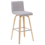 Armen Living - Vienna Swivel Bar Height Stool With Grey and Patterned Oak - Elevate your kitchen, bar, or dining area with the Vienna Swivel Stool Collection ' a modern essential that combines mid-century charm with functional comfort. Designed for daily use and entertaining alike, Vienna's 360-degree swivel and armless frame provide effortless movement and easy conversation flow. The gently curved backrest supports posture alignment while keeping the profile sleek and space-saving. The Vienna stool is built on a strong wood frame with four splayed legs and a square steel footrest for added durability and a clean, modern edge. The seat and backrest are generously padded with high-density foam and finished in your choice of smooth vegan leather or performance fabric for elevated comfort and easy maintenance. Originally offered in a walnut finish with cream, brown, or gray vegan leather, and a black brushed finish with gray vegan leather, the collection now features even more design-forward combinations. Explore updated variants including snow white vegan leather with walnut, black brushed, or patterned oak finishes; vintage-inspired blue, green, and black tones paired with walnut finish frames; and bold red or soft gray performance fabrics on brushed or patterned wood finishes. Available in both counter height and bar height, Vienna offers a versatile range of styles to suit your space. With its timeless look and enduring quality, this collection brings warmth, elegance, and comfort to any interior.