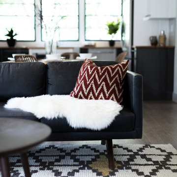 Black, White and Red Moroccan Inspired Space with Open Kitchen