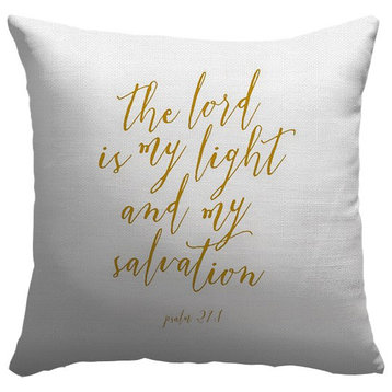 "Psalm 27:1 - Scripture Art in Gold and White" Outdoor Pillow 16"x16"
