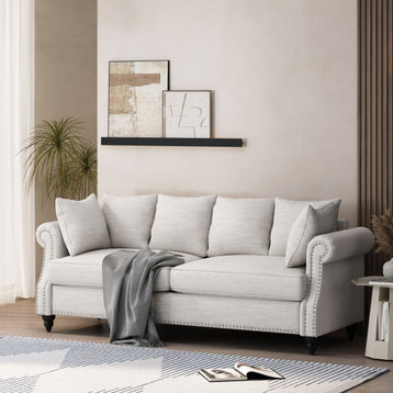 Bonny Fabric Pillowback 3-Seater Sofa With Nailhead Trim, Beige/Dark Brown