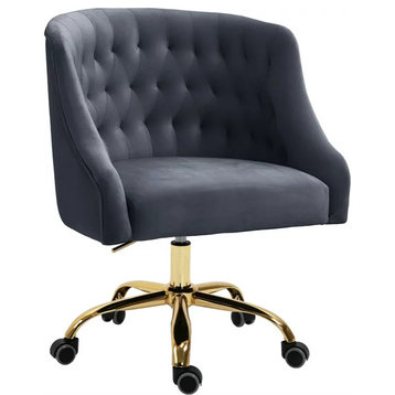 Elegant Office Chair, Velvet Seat & Buttonless Tufted Round Back, Gray/Gold