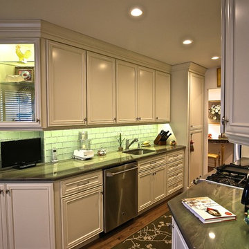Transitional Galley Kitchen Remodel | Soft-White Cabinets & Glass Tile Backsplas