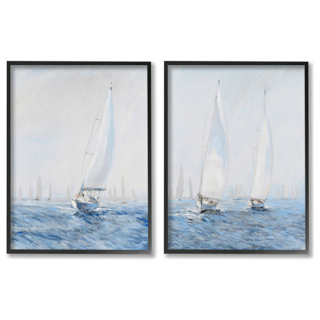 Serene Sailboats Floating Cloudy Sea Sky Painting, 2pc, each 11 x 14