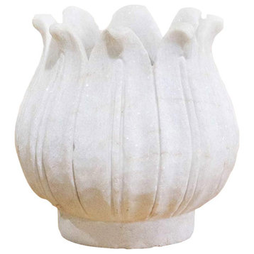 Carved White Marble Lotus Vase-Daula