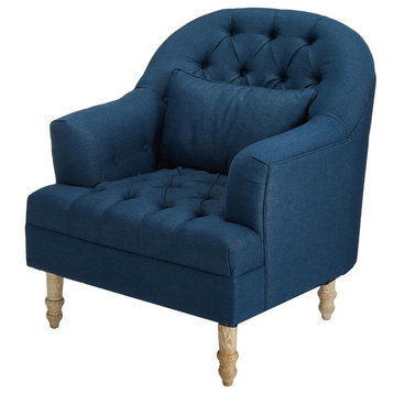 Mid Century Accent Chair, Turned Legs With Button Tufted Seat & Back, Dark Blue