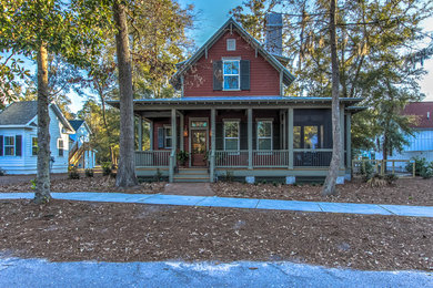 Small elegant red two-story concrete fiberboard gable roof photo in Atlanta