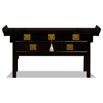 Matte Black Elmwood Chinese Qing Altar Motif Table with White Tassel
