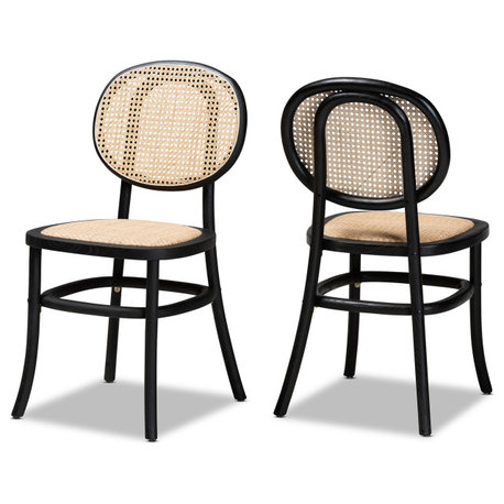 Garold Mid-Century Brown Woven Rattan Black Wood 2-Piece Cane Dining Chair Set