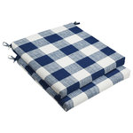 Mozaic Company - Stewart Dark Blue Buffalo Plaid Chair Cushion, Set of 2, 20x20 - This wide checkered, white and dark blue buffalo plaid pattern will add the perfect traditional accent to your d��_cor. Classic buffalo plaid print adds an energizing linear look to this outdoor chair cushion set. Beautifully constructed with a pure recycled fiber fill, the outdoor fabric covers provide essential protection against sun damage and mildew, offering a long life of outdoor use. Attached ties secure the cushion and avoid slippage, while the sewn enclosures offer a secure finish. The dynamic plaid look is a great match for outdoor decor, but also a nice look for casual interior spaces in need of a boost.