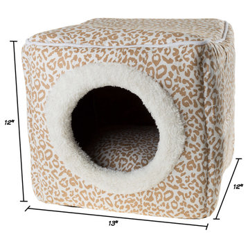 PETMAKER Cozy Cave Enclosed Cube Pet Bed, Tan/White Animal Print
