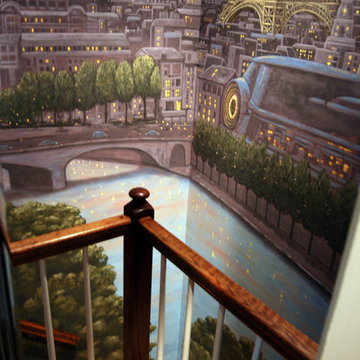 Paris Panorama 360 degree Mural hand painted throughout a 17 foot stairway
