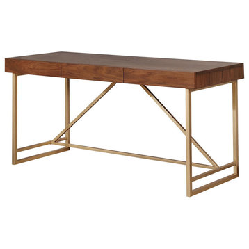 Benzara BM183188 Wood & Metal Writing Drawer Desk, Light Walnut Brown & Gold