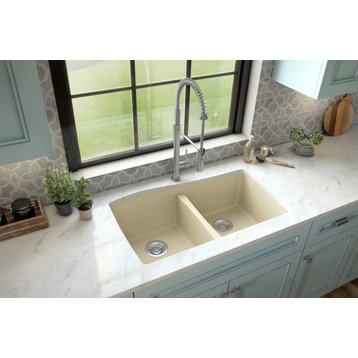 Karran Undermount Quartz 33" 50/50 Double Bowl Kitchen Sink, Bisque