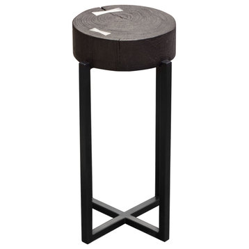 Small 22" Accent Table, Mango Wood Top, Espresso Finish With Silver Metal Inlay