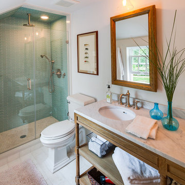 Coastal Cottage Bathroom with Glass Tile Shower - Cranberry Cottage - Custom Hom