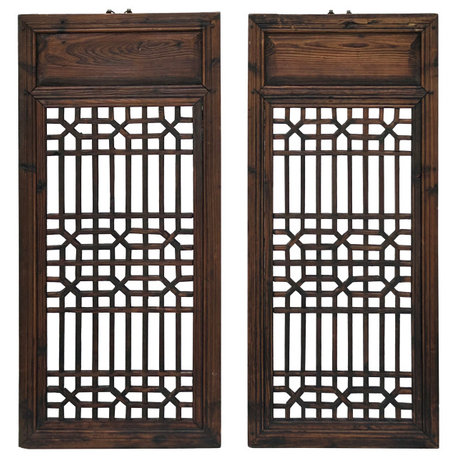 Pair Chinese Vintage Restored Wood Geometric Brown Wall Hanging Art Hws3753
