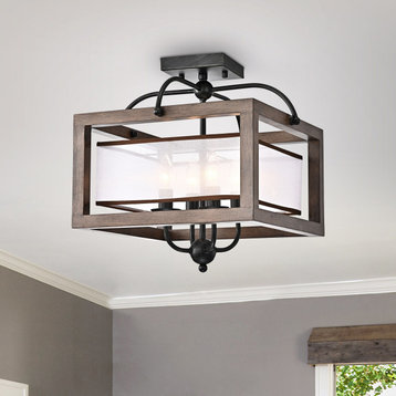Nora Wood and Fabric Shade Cage Flush Mount Antique Black 4-light