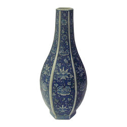 Chinese Blue & White Porcelain Lotus Flower Hexagon Round Vase - Vases