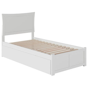Contemporary Full Platform Bed, Hardwood Frame With Twin Trundle, White